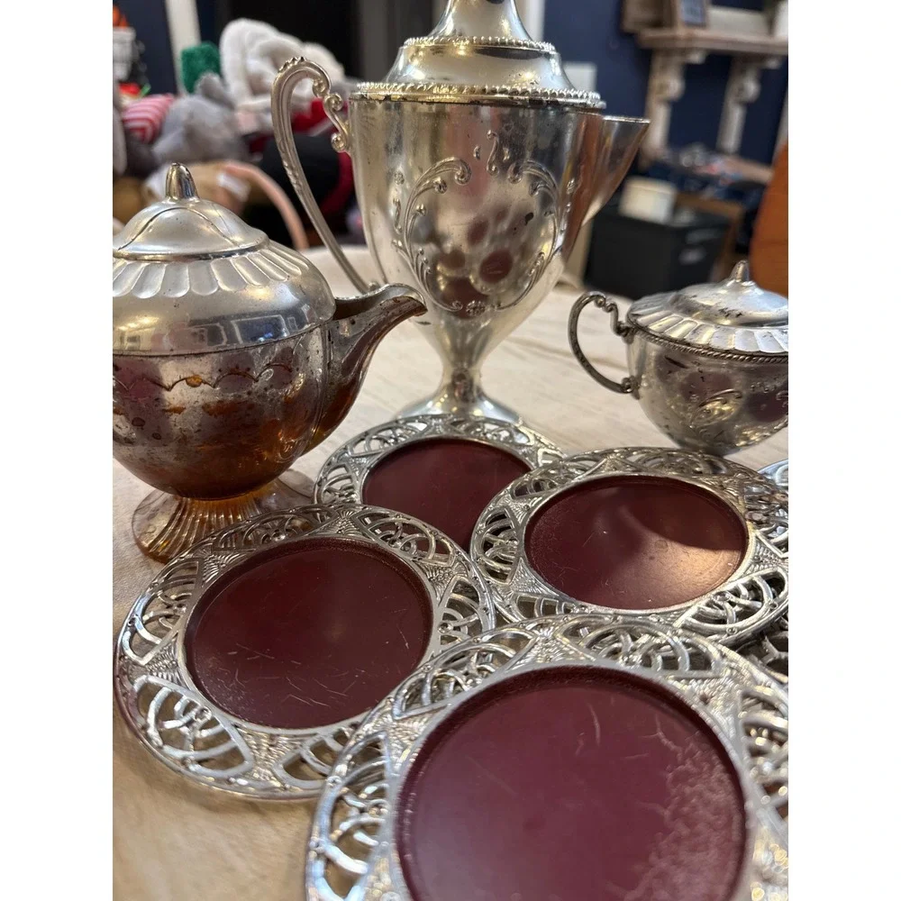 Vintage Silver Tone Tea Coffee Set Burgundy Red Plates Plastic Kids play set